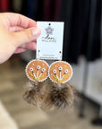 MJ- Quill Flower PomPom Earrings - Hide/ brown beaver