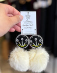 MJ- Quill Flower PomPom Earrings - Black/white rabbit