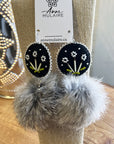 MJ- Quill Flower PomPom Earrings - Black/ grey rabbit
