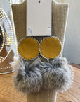 MJ- Quill Flower PomPom Earrings - Black/ grey rabbit