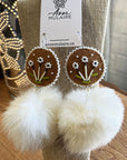 MJ- Quill Flower PomPom Earrings - Hide/ white rabbit