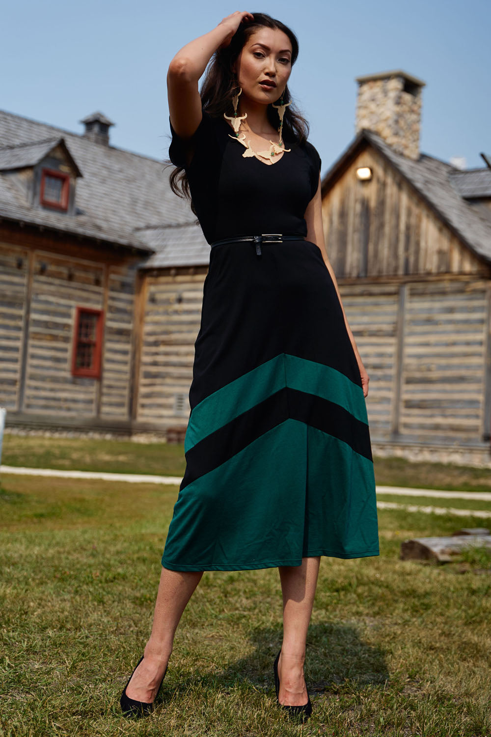 VELORA Dress- Black/ Forest Teal