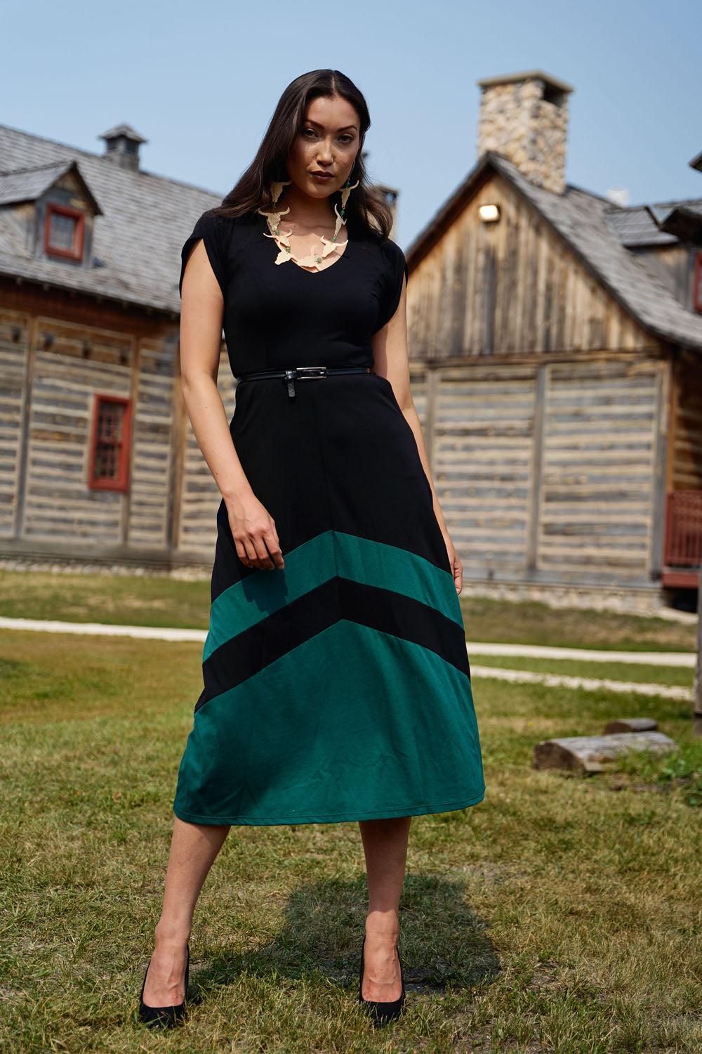 VELORA Dress- Black/ Forest Teal