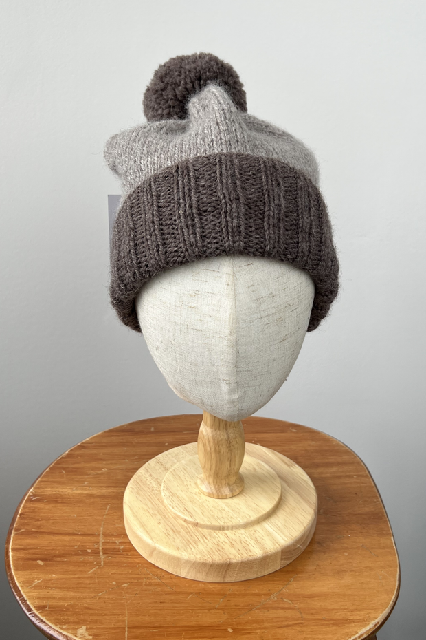 TRICOTS - Tuque 100% Laine - Taupe/Champagne